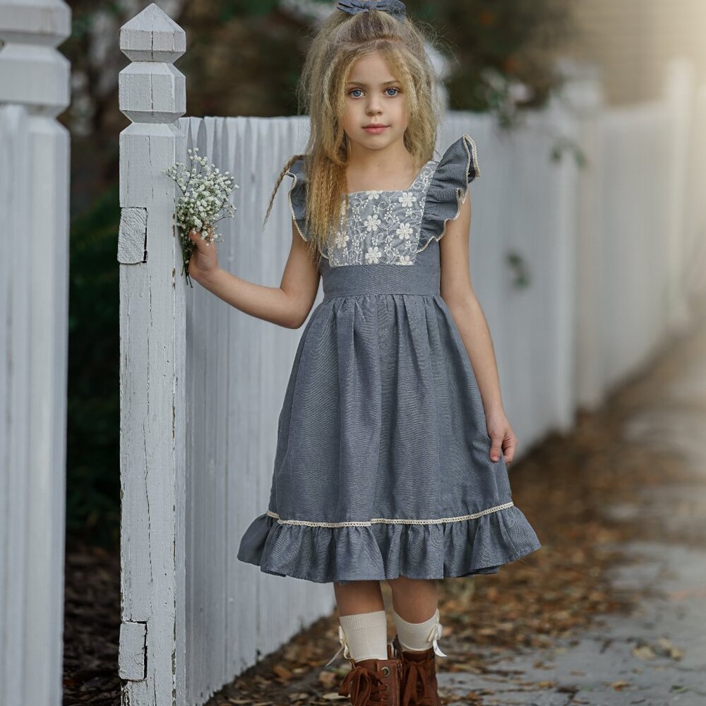 Little Girls Dresses, Blue Chambray Girl Dress, Baby Toddler Denim Dress #226